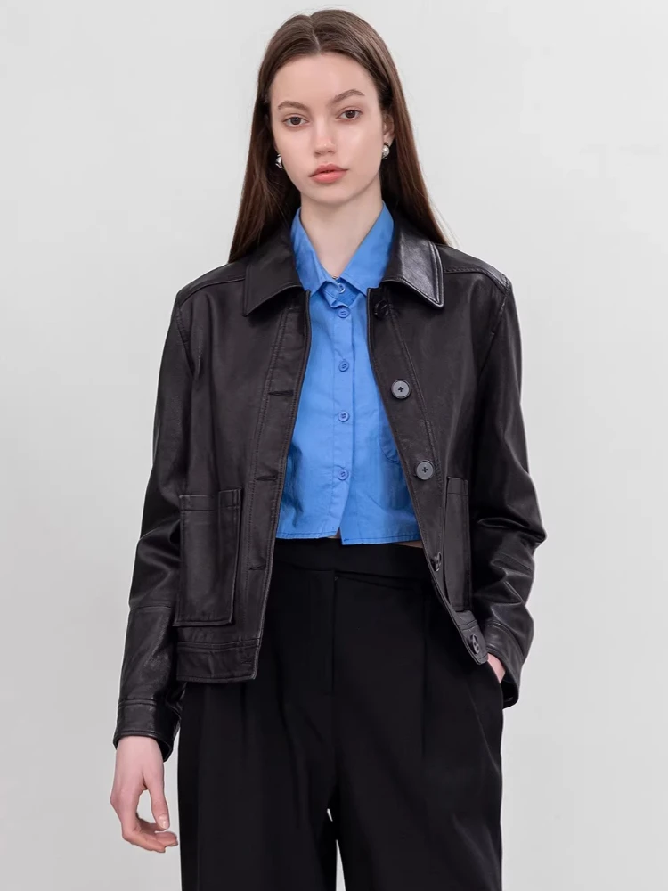 

Vintage Short Genuine Leather Motorcycle Jackets for Women Spring Autumn High-end Simple Black Slim Cropped Real Sheepskin Coat