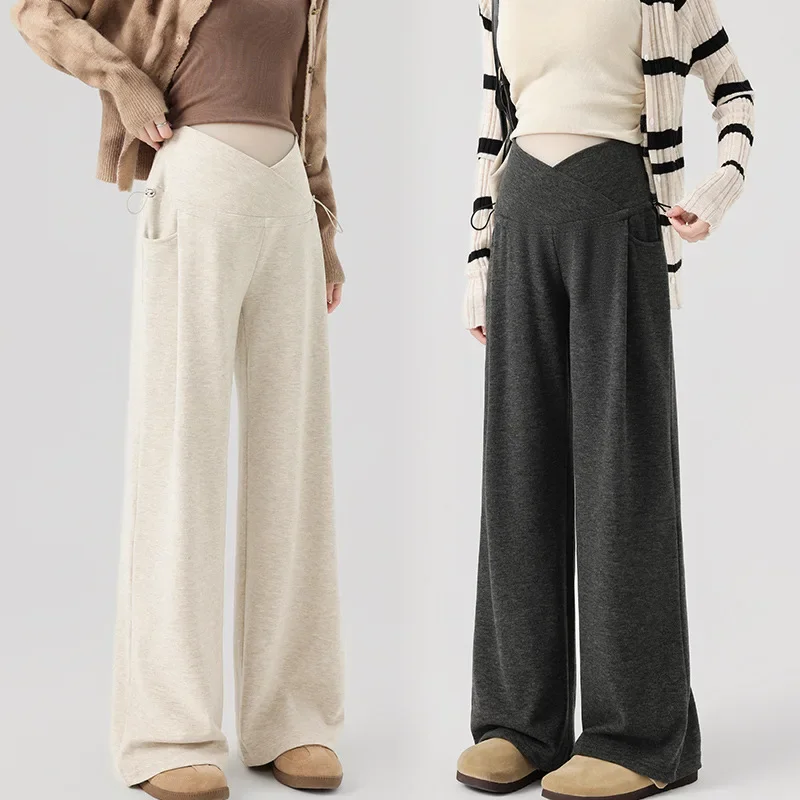Soft Glutinous Gentle Style Slimming Maternity Wide Leg Pants Low Waist Side Drawstring Belly Support Casual Pregnancy Wear