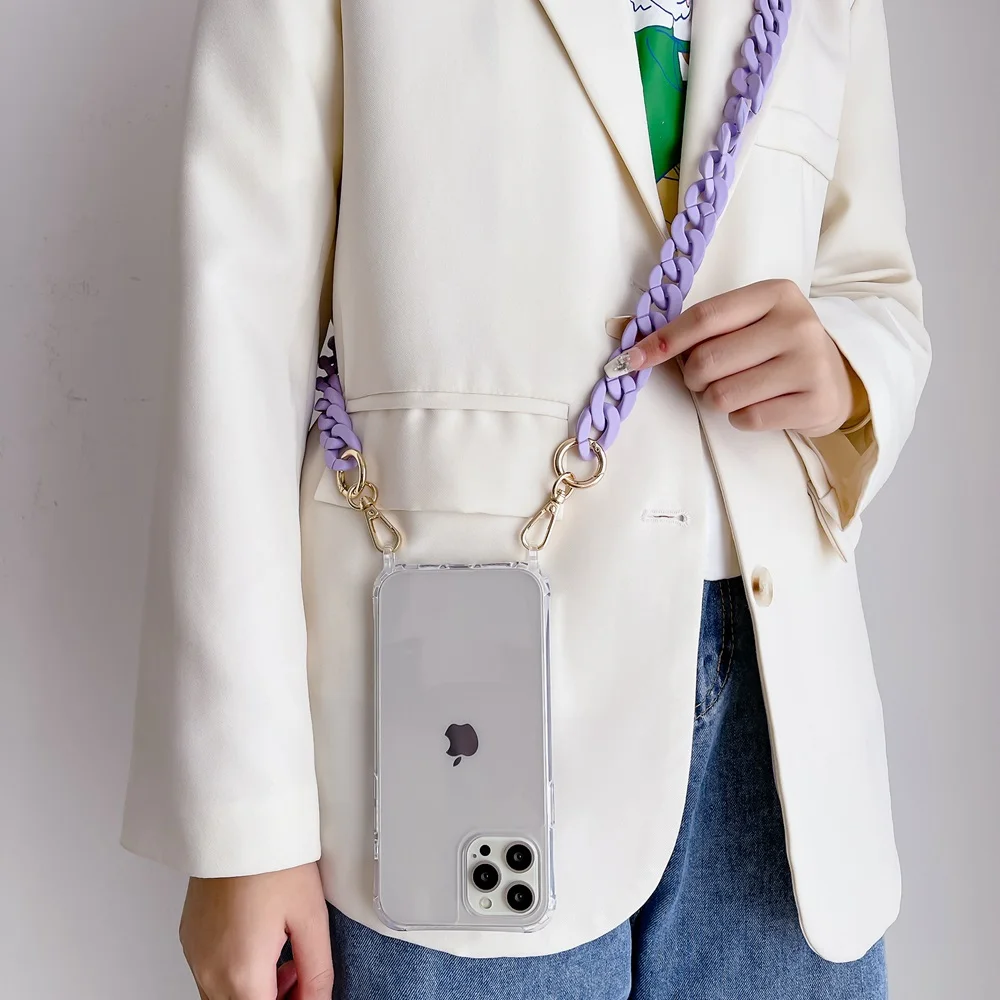 اللون الاكريليك سلسلة Crossbody للصدمات الحبل جراب هاتف آيفون 15 16 برو 13 12 11 14 برو ماكس سلسلة اليد غطاء شفاف