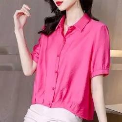 Elegant Lapel Button Loose Solid Color Folds Shirt Women's Clothing 2024 Spring New Casual Tops Short Sleeve Office Lady Blouse