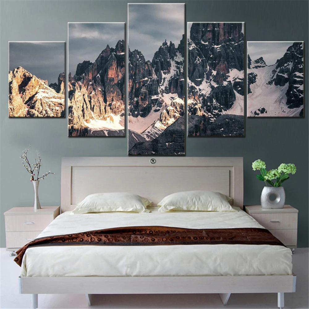 5 Pieces Canvas Wall Arts Poster Painting Nature Golden Hour Mountain Peak Wallpaper Interior Home Decor Picture Printing