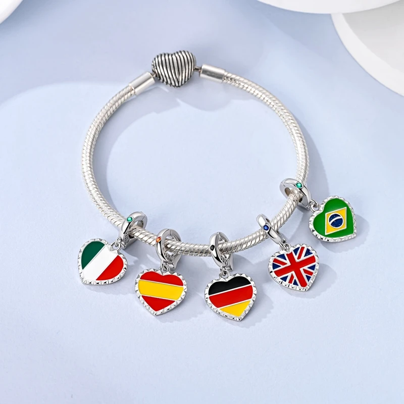 Original 925 Sterling Silver Charms Bead National Flag Heart Pendants Fit Original Bracelet Necklace For Women DIY Jewelry Gift view 6