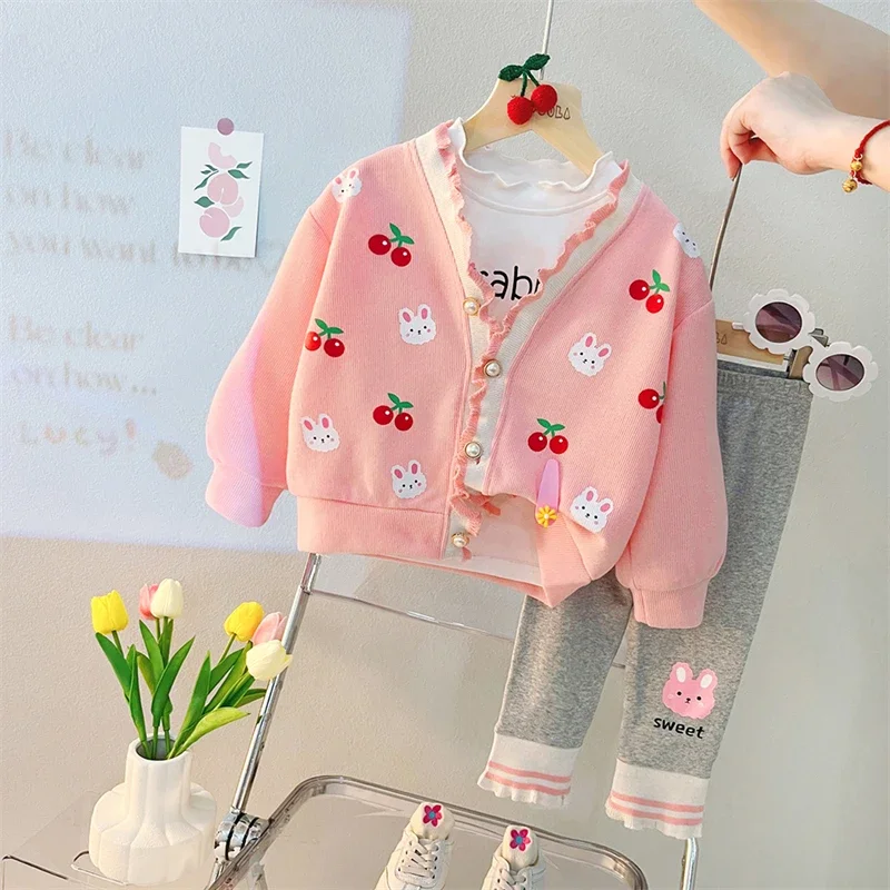 2023 Autumn Baby Girls Clothing Sets Kids Cartoon Coats T Shirt Trousers 3 Pcs Suit Infant Clothes Outfits Children Sportswear