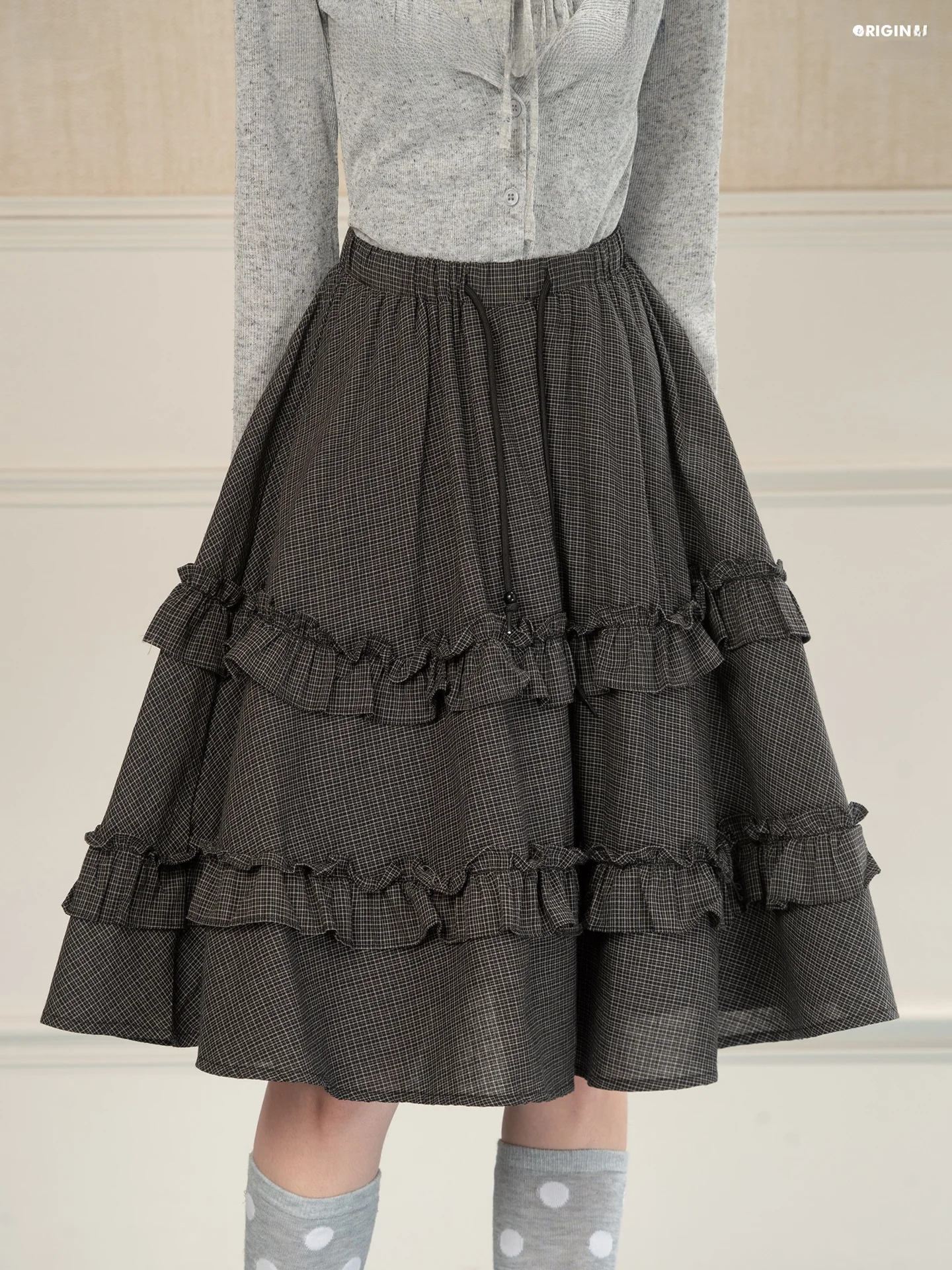 Heynew Japanese Style Plaid Skirt with Belted Elastic Waist for Women Summer Cake Skirt High Waist Cotton Daily Wear