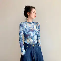 Small Niche Design Slim Fit Tie Dye Mesh Top Long Sleeved T-shirt Women's Thin Design Summer 2024 New Item