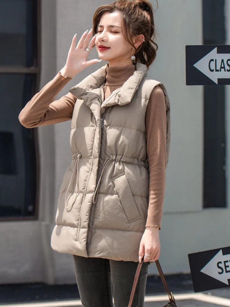 Autumn Winter Warm Down Vest Women's Medium Long Jacket White Duck Down Lightweight Down Jacket Waist Vest