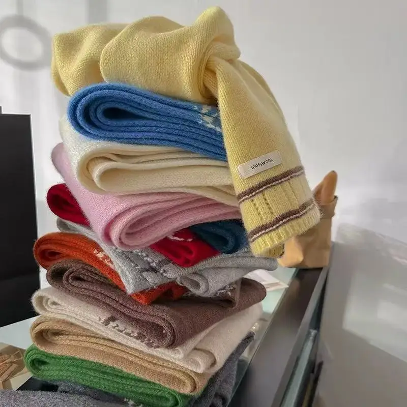 100% Wool women's scarf  Korean fashion pure wool neck warmer ladies muffler yellow blue pink orange warm knitted scarf