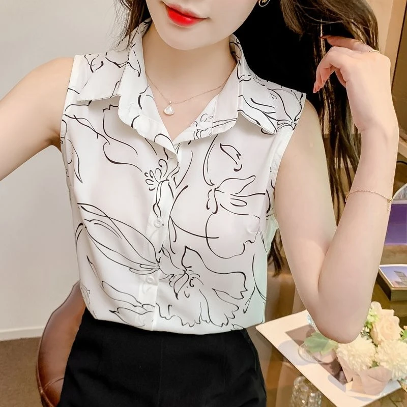 Women's 2026 Summer Floral Chiffon Blouse Sleeveless Tummy Control Loose Fit Elegant Casual Top Designer Inspired Niche Style