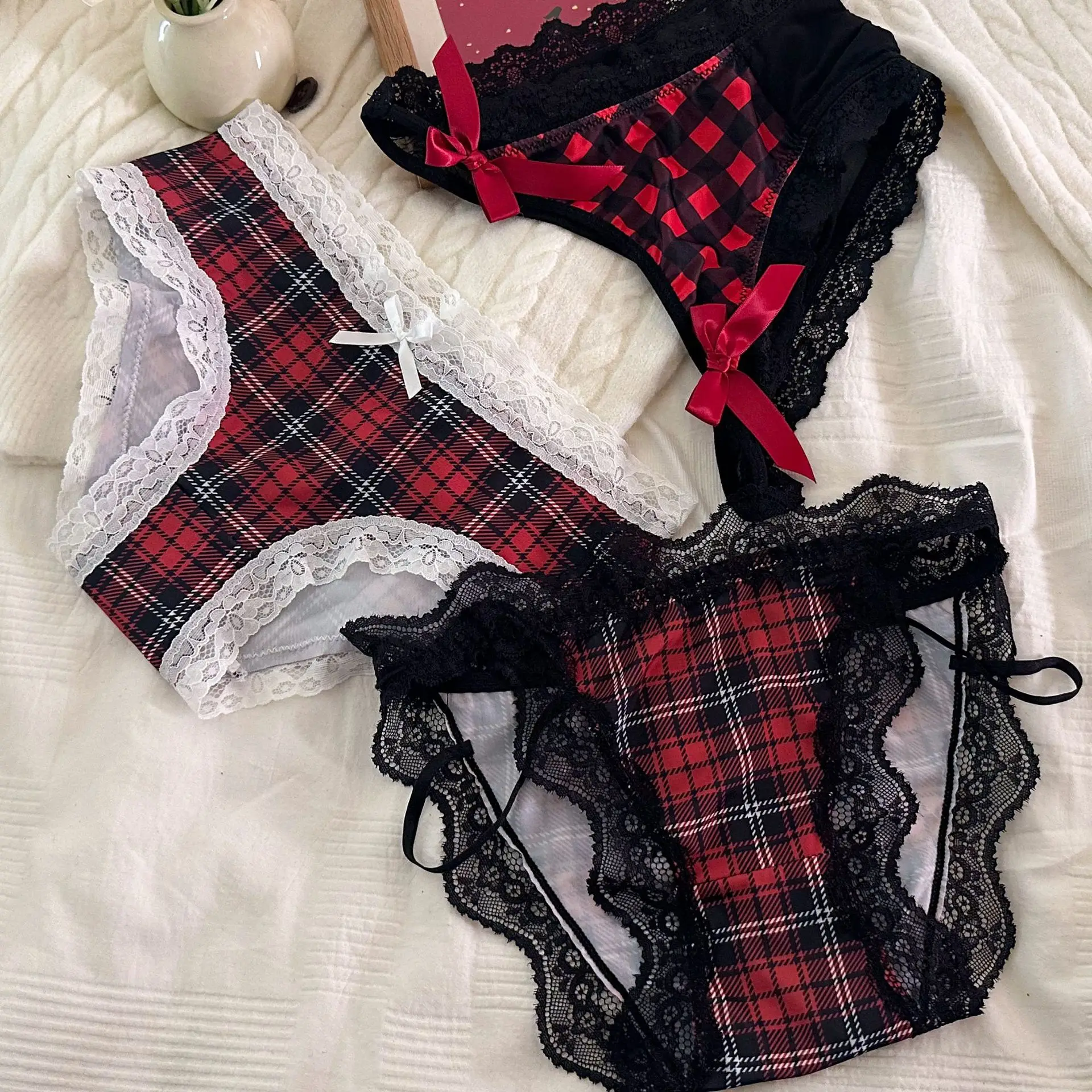 حزام مثير مزين بالدانتيل، ربطة عنق، سراويل داخلية نسائية كاواي متقلب باللونين الأسود والأحمر، سراويل داخلية نسائية للحفلات والعطلات والعطلات
