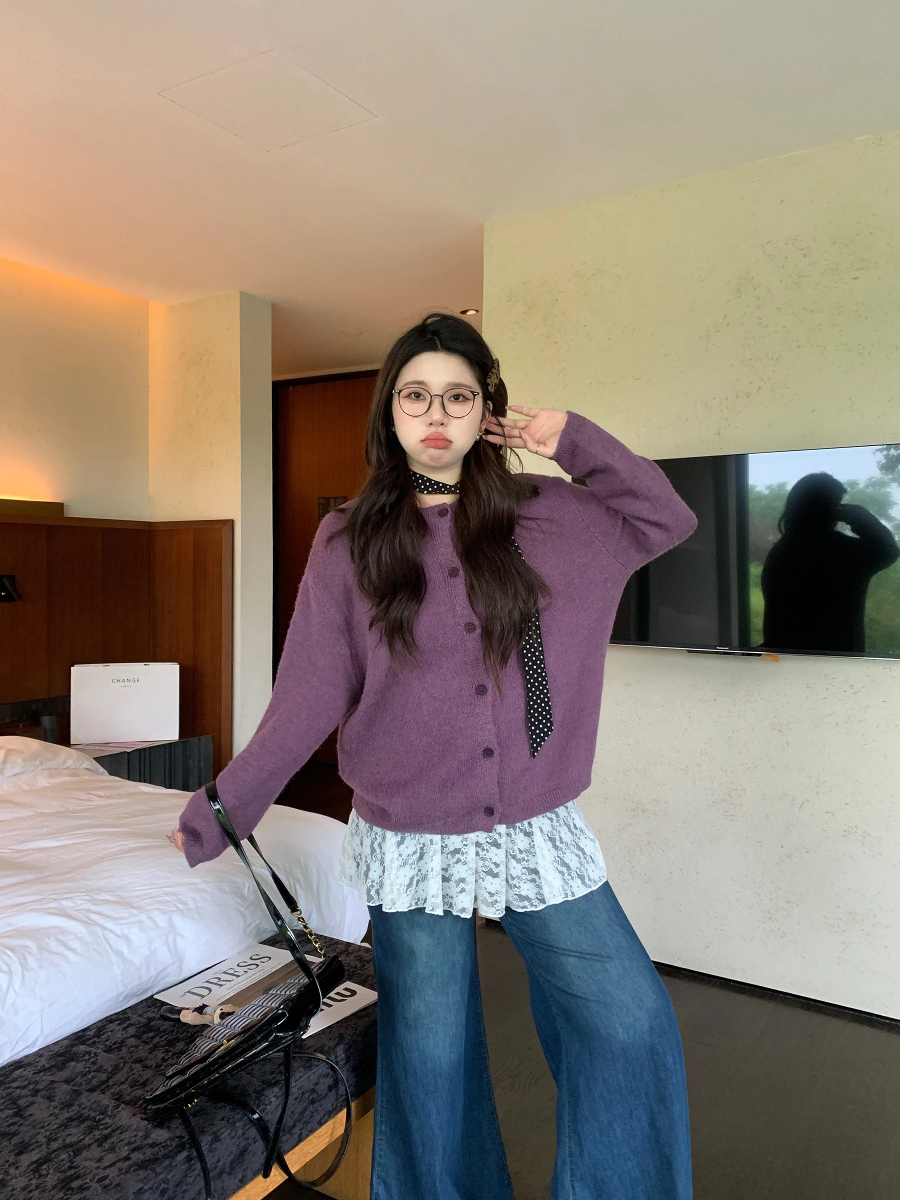 

Свободный крой Фиолетовый свитер Jaet Мягкий уютный трикотаж больших размеров для поездок на работу, осенний теплый длинный свек обычной длины, одинарный...