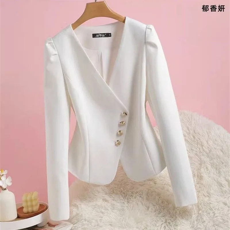 Collarless Suit Jacket Female Spring Autumn 2024 New Bubble Sleeve Blazer Coat Design Sense Outerwear Short Fashion Top Women