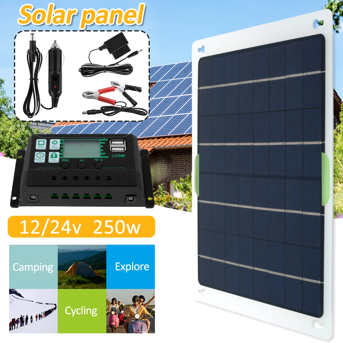 Portable Solar Panel Waterproof 12/24V 250W High Efficiency Monocrystalline Solar Trickle Battery Charger For Car RV Boat