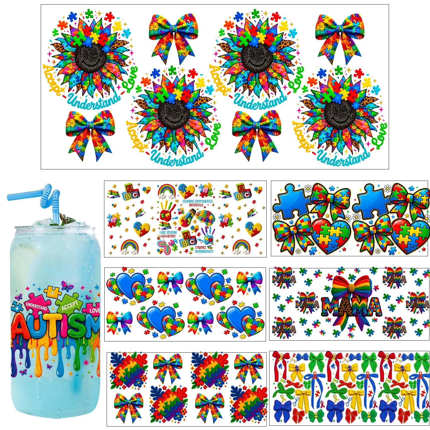 Autism Style UV Sticker DIY Decals 3D transfers uvdtf tumbler seal stickers 16oz uv dtf cup wraps