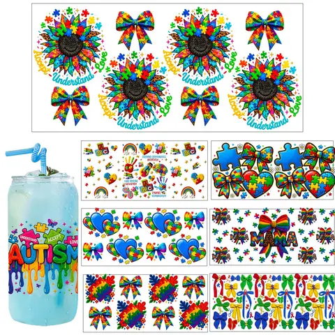 Autism Style UV Sticker DIY Decals 3D transfers uvdtf tumbler seal stickers 16oz uv dtf cup wraps