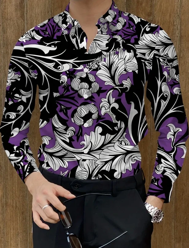 Men's Long Sleeve Plaid Shirt with Lapel Four-Way Stretch Party Workwear Print S-5XL Plus Size，