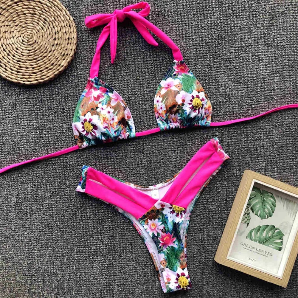 Neues zweiteiliges Bikini-Set, gelb-rosa, mit floralem Muster, brasilianischer Bikini, Damen-Badebekleidung, Badeanzug, Badebekleidung, V1199. – Detail 12