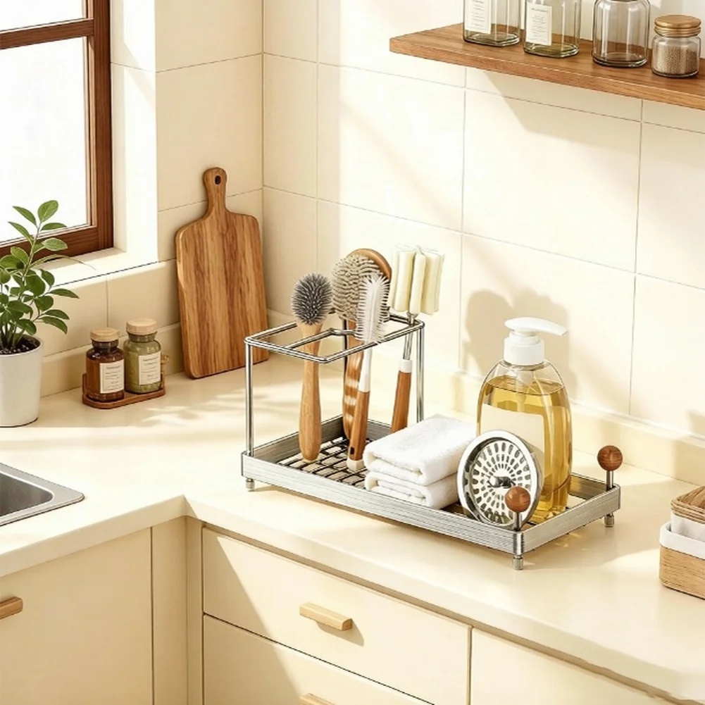 Stainless Steel Bathroom Storage Rack with Walnut Wood Trim Designed for Toothbrush and Toothpaste Organization