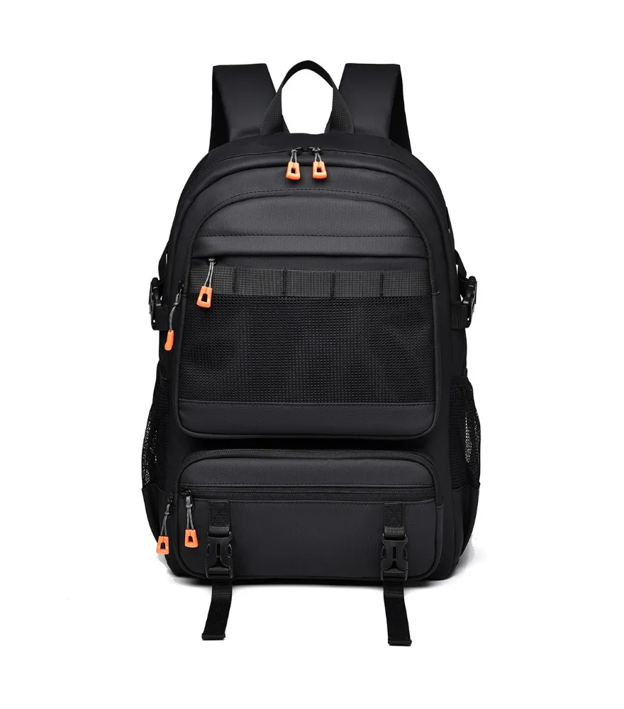 

Black tactical backpack with orange zipper pulls front mesh MOLLE webbing dual bottom buckle straps dual side mesh bottle