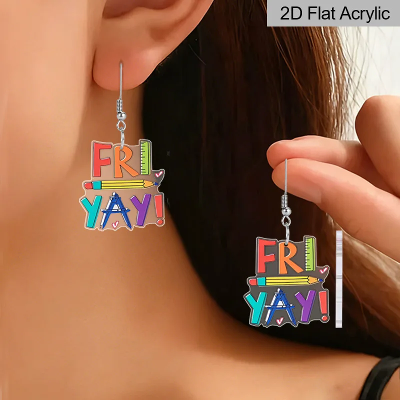 Back-to-school Season Teacher's Day Pencil Earrings FRIYAY 2D Flat Acrylic Cute Funny Stationery Earrings Creative Jewelry Gifts