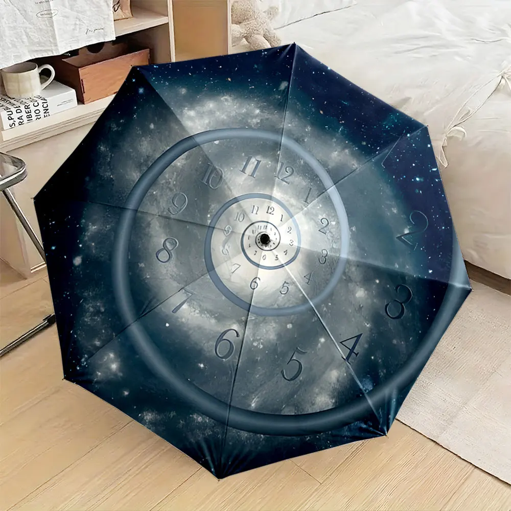 1PC Cosmic Clock Design Umbrella with Galaxy Patterns Print 8 Iron Ribs Folding Umbrella Auto-Open Fashion Sunshade