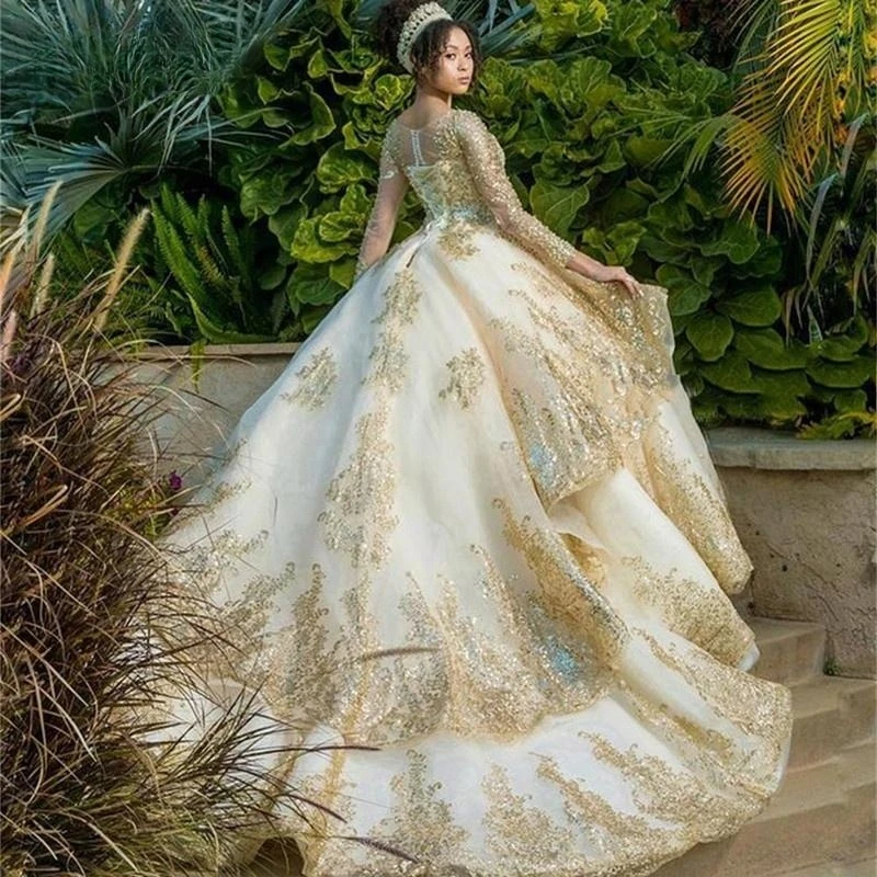 Gouden Quinceanera Jurk Kanten Parels Baljurk Vestidos Para 15 Vestido Años Glitter Lange Mouw Lovertjes Verjaardag Prom Jurk