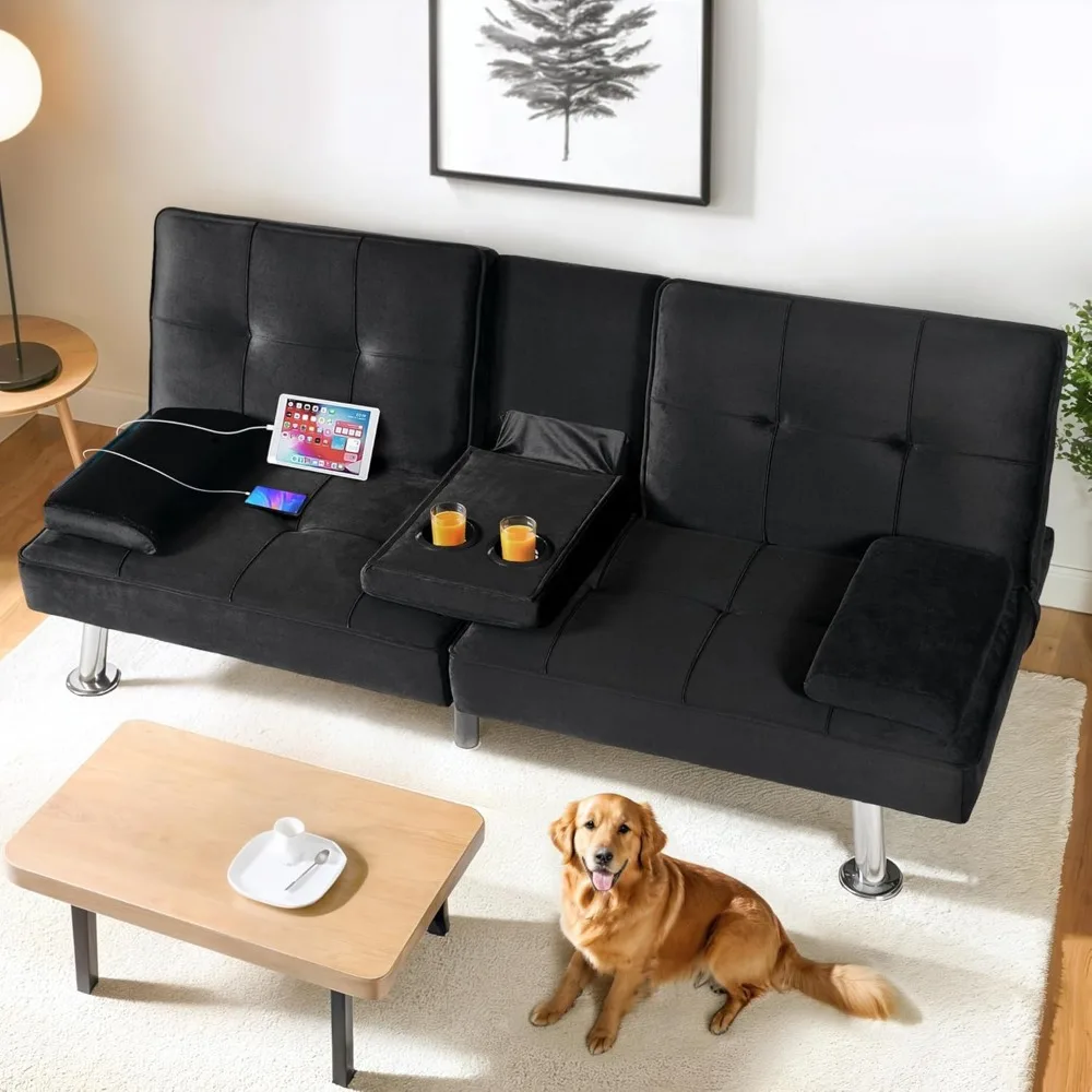 

Futon Sofa Bed with USB & Type-C Charging Port, Convertible Sleeper Couch with Adjustable Backrest, Folding Loves