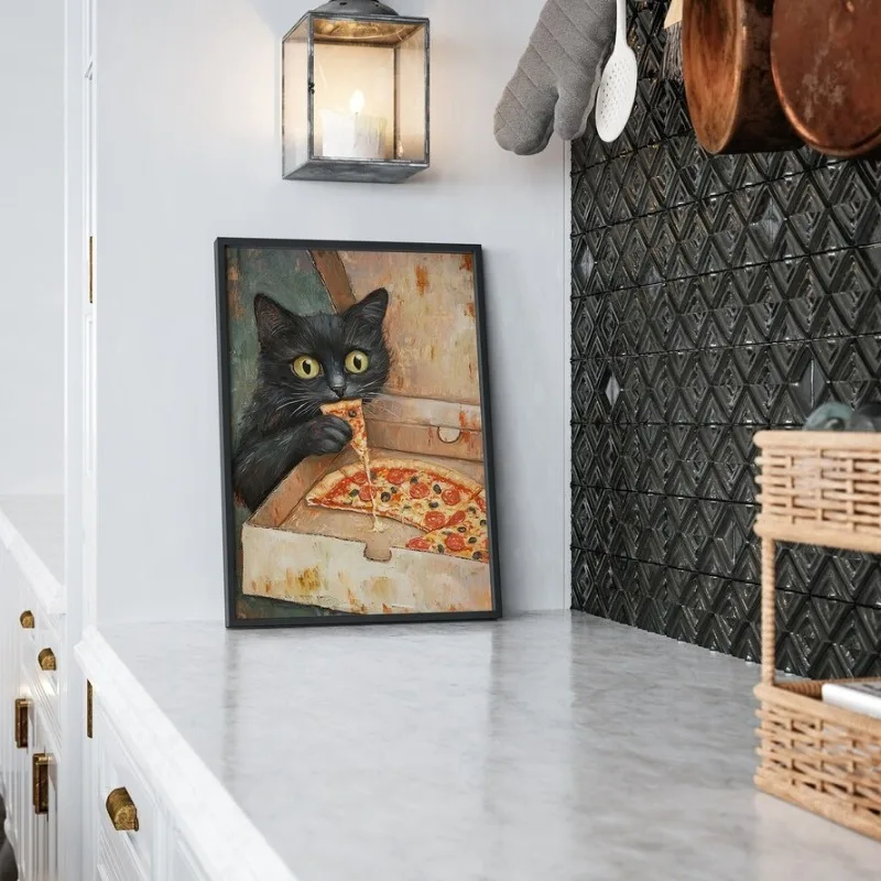 Funny Dog Cat Eating Pizza Poster Animal and Fast Food Canvas Painting Wall Art for Whimsical Kitchen Room Home Decor Mural