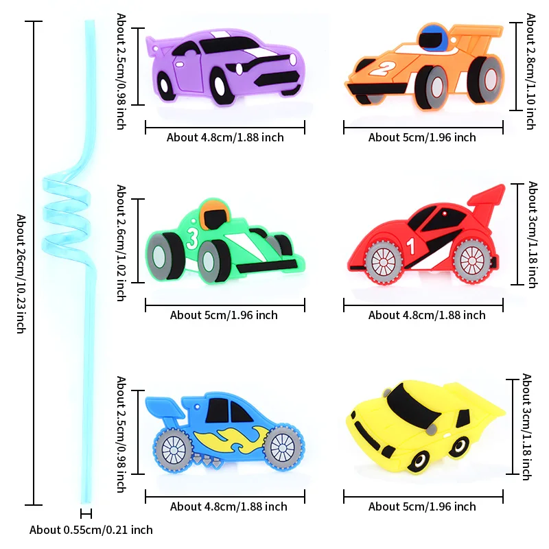 8pcs 26cm Racing Kids Party Themed Straws Reusable Car Plastic Helical Drinking Straw for Boy Racing Car Birthday Party Decor