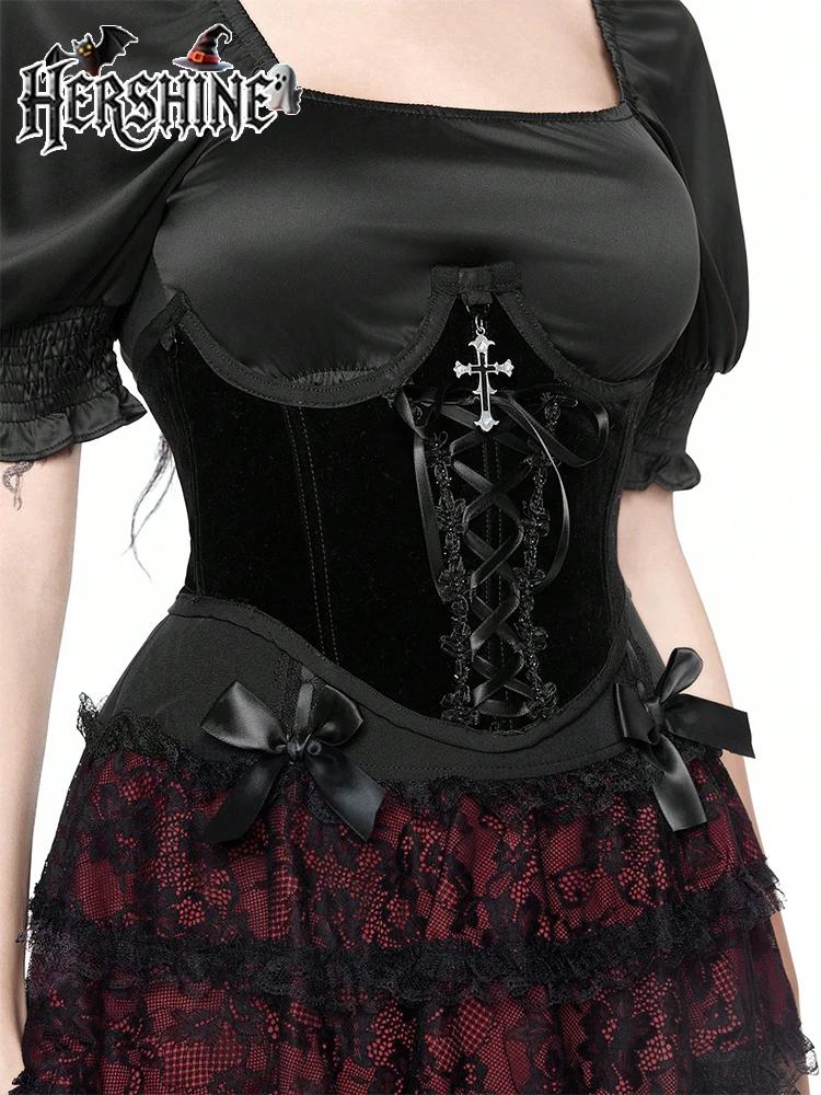 HERSHINE Women's Black Fashion Cross Velvet Shaping Waist Cincher, Y2K Gothic Harajuku Style Sexy Accessory，spring，summer