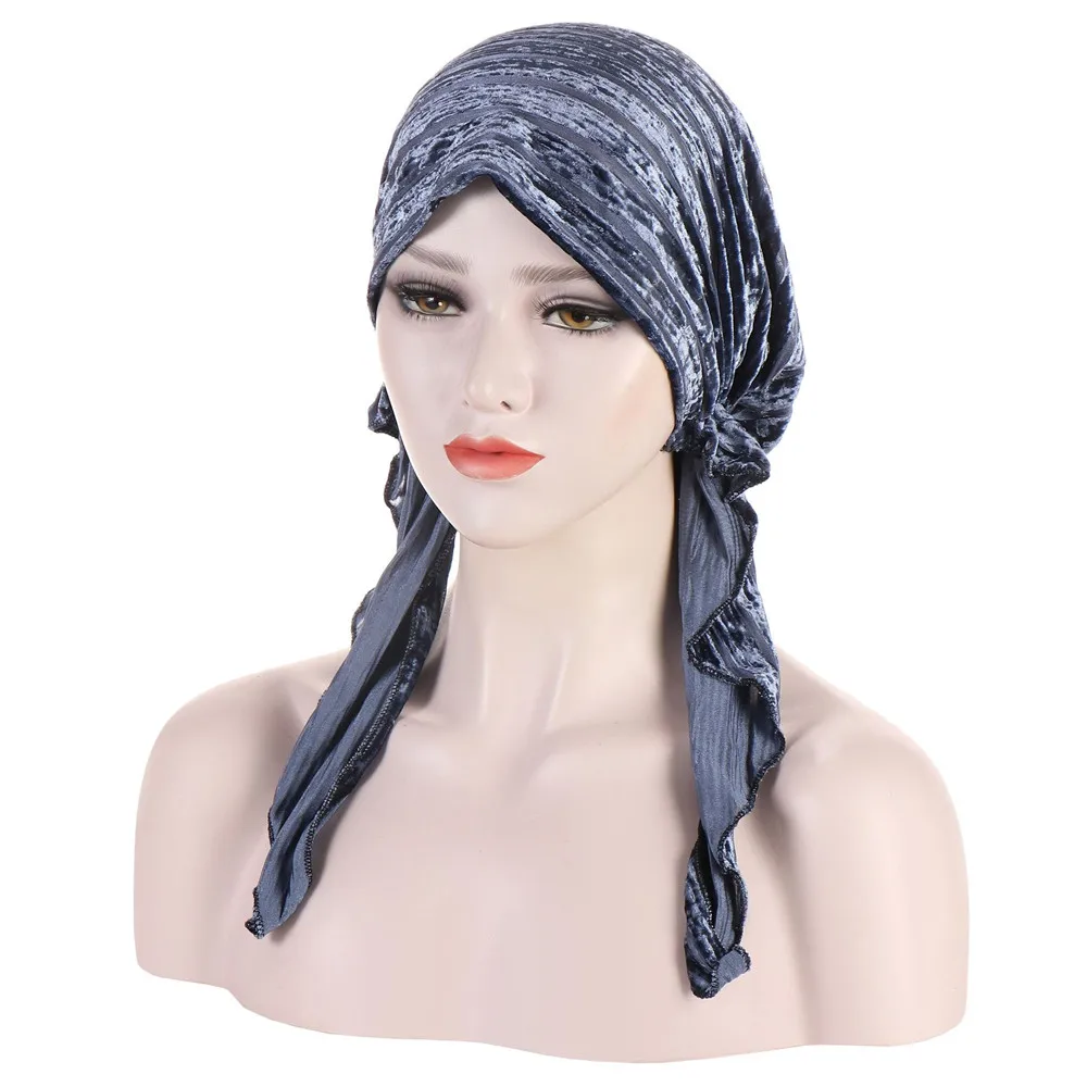 New Velvet Pre-Tied Hat Women Muslim Hijab Turban Stretch Head Scarf Wrap Chemo Cap Bonnet Hat Bandana Hair Loss Covers Headwear