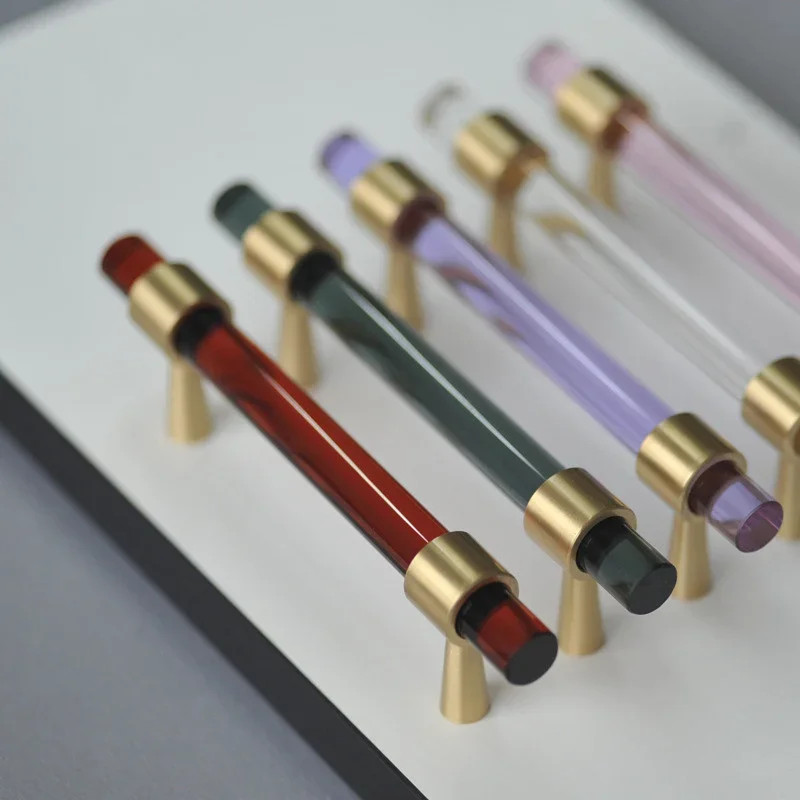 Nordic Creative Brass Natural Crystal Handle INS Clothes Cupboard Door Wardrobe T Bar Knob Furniture DIY Single Hole Handles