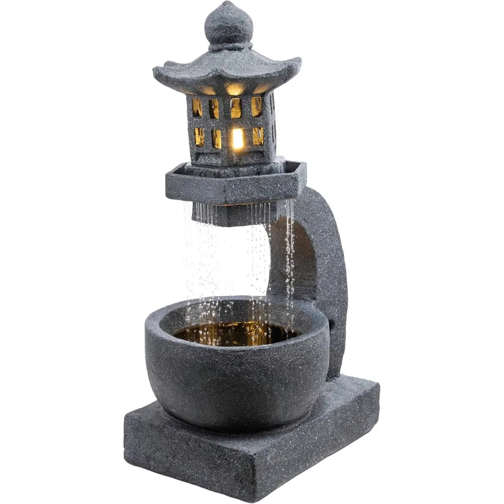 dig370 31" outdoor zen pagoda water fountain with led lights & illuminated stone bowl – tranquil garden water feature for relax