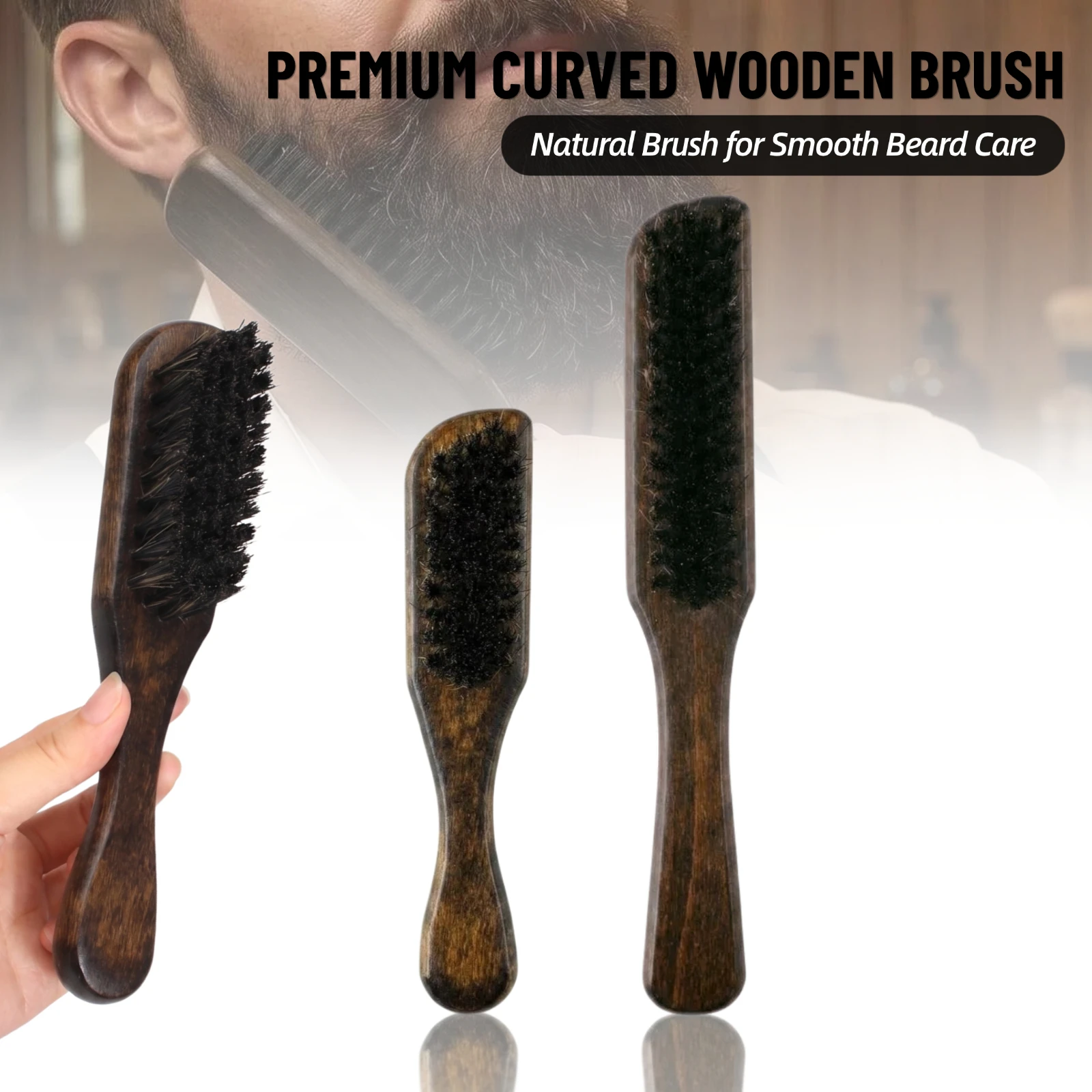 3pcs Pro Beard Grooming Kit Curved Solid Wood Bristle Brush Dual-Sided Comb Men's Beard Styling Shaping Tools for Salon Home Use