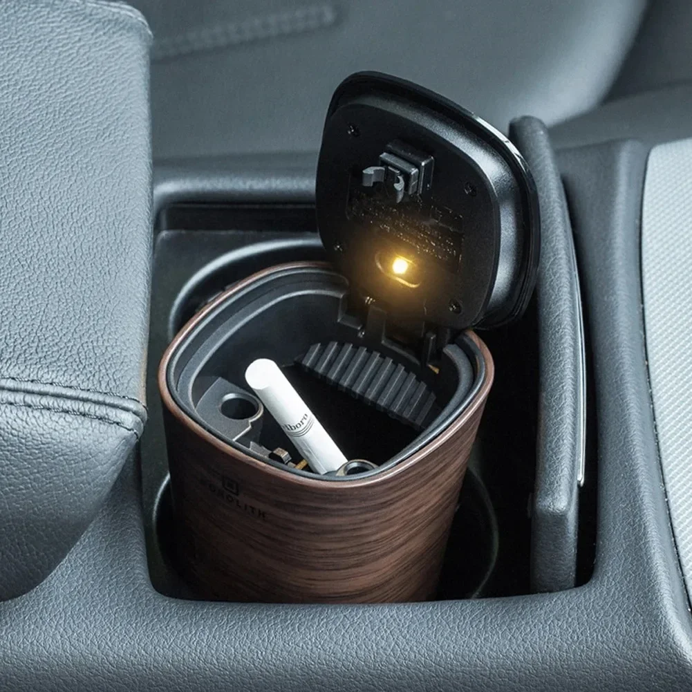 High Classic Wooden Grain Pattern Men Car Ashtray with Solar LED Light  Simple Ashtray for Car Home Office Use