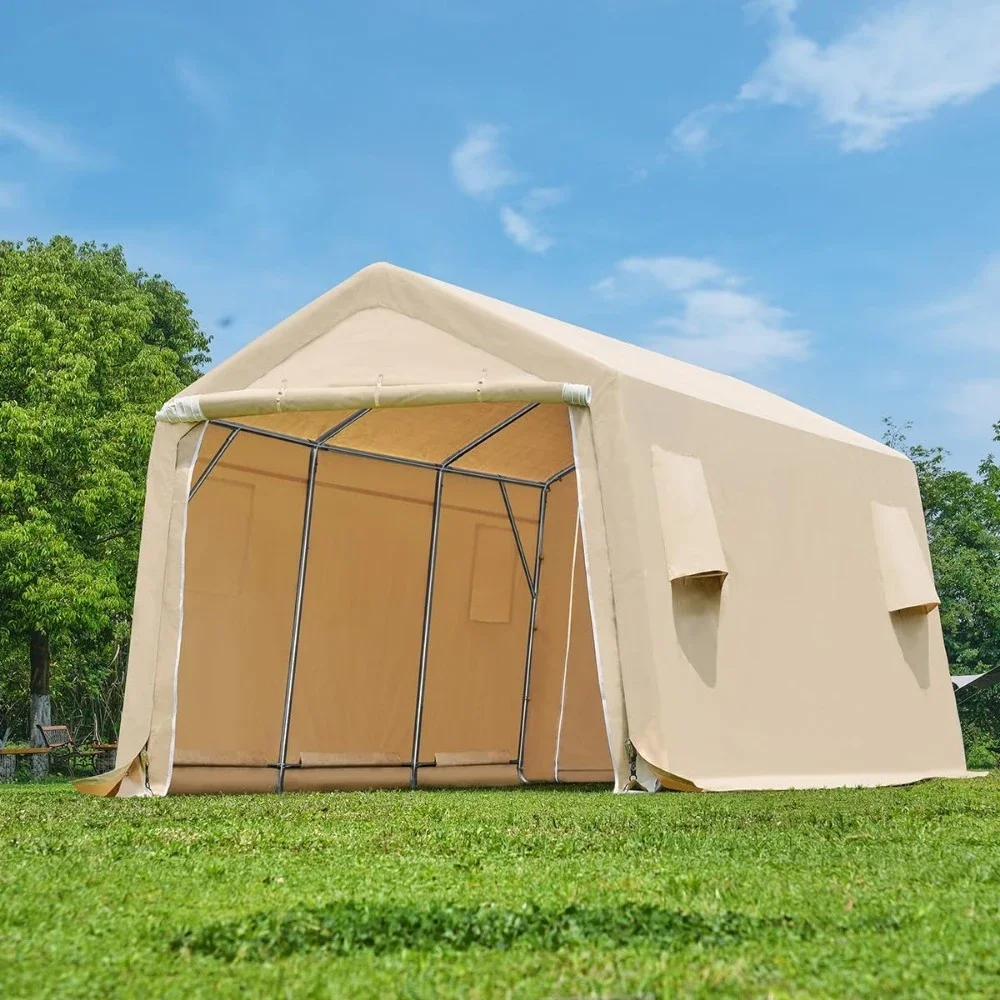 

10x15 Ft Shelter Garage，Steel Metal Peak Roof Anti-Snow Portable Carports with 2 Roll Up Doors & Vents， Portable Carports