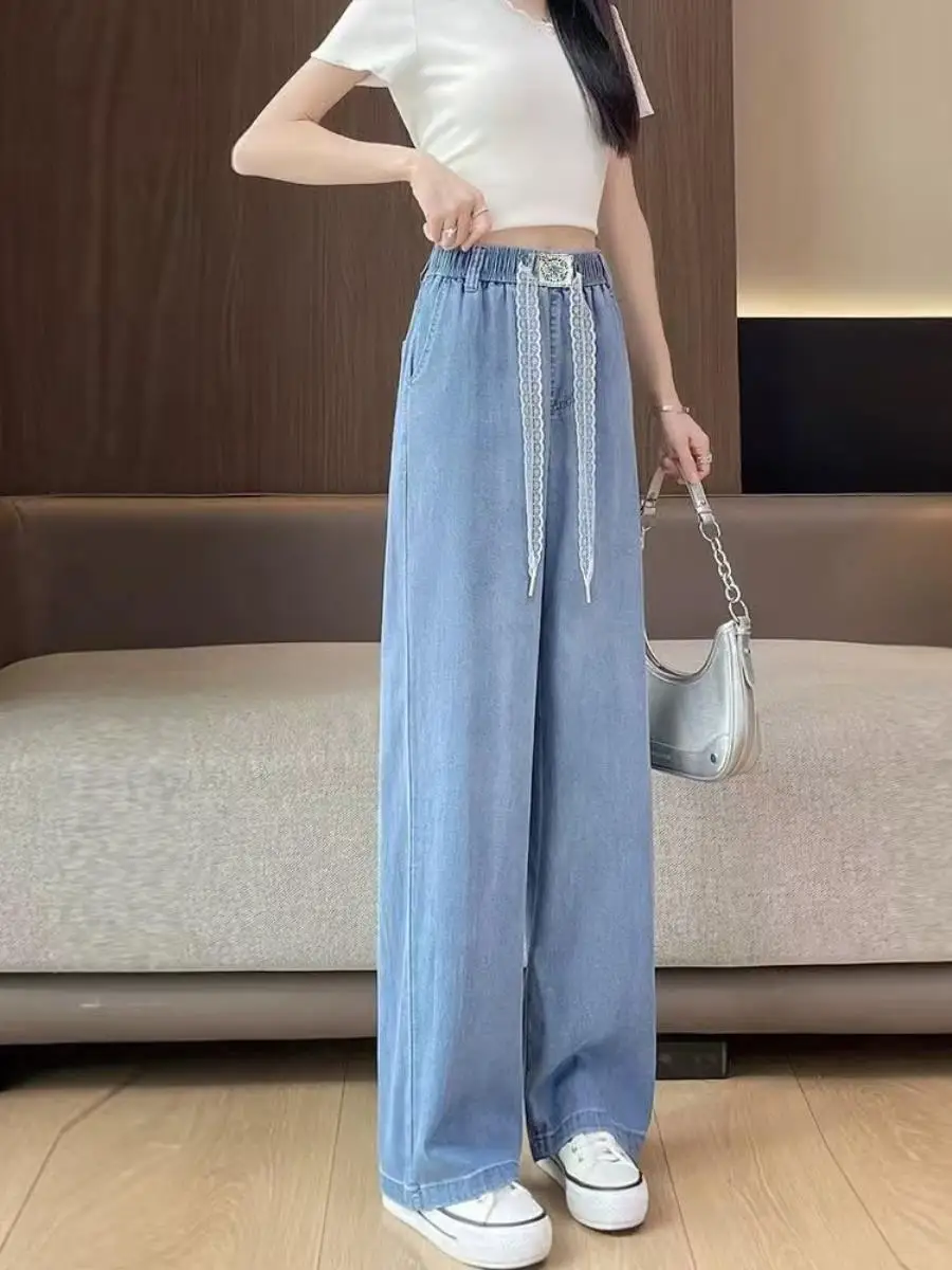 calca-jeans-de-seda-fina-com-renda-cintura-alta-elastica-solta-perna-reta-caimento-fluido-perna-larga-bolso-tipo-lenco