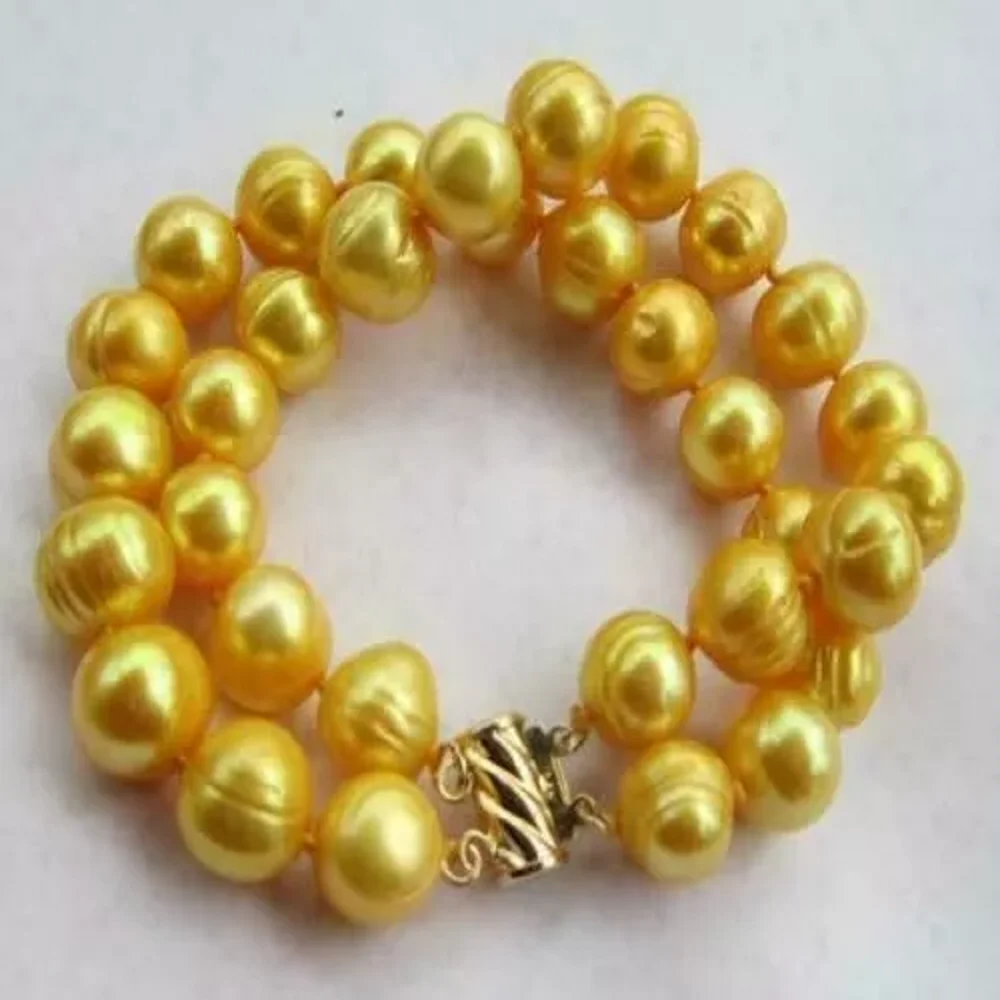 

Hot selling 7.5-8inch 2Rows Yellow 11-12mm AAA South Sea Pearl Bracelet 14k Gold P