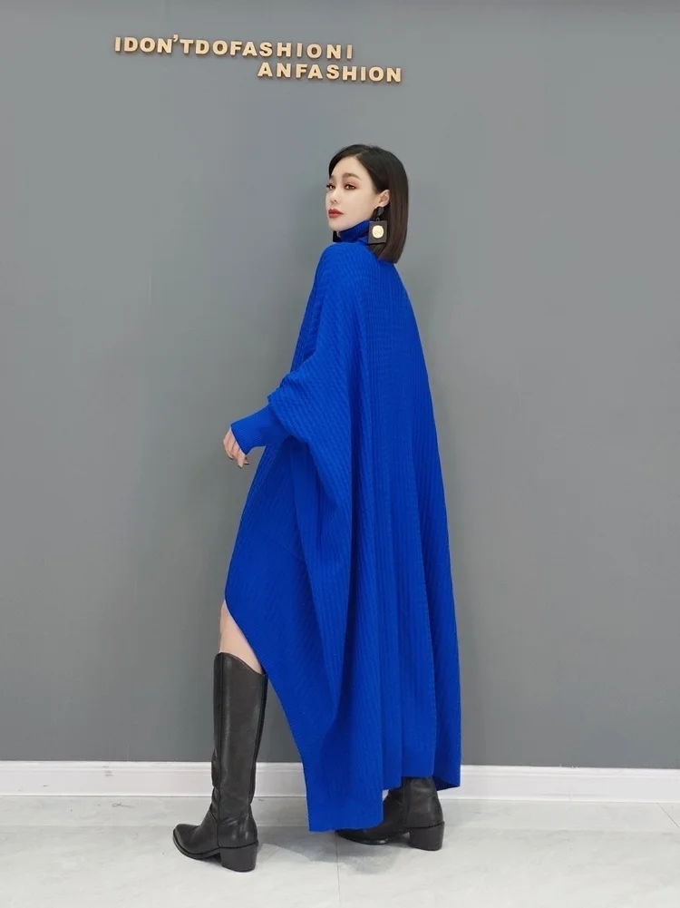 Vefadisa 2024 Autumn/Winter New Blue Women Sweater Dress Turtleneck Batwing Sleeve Irregular Dress Simple Fashion Dress ZXY787A