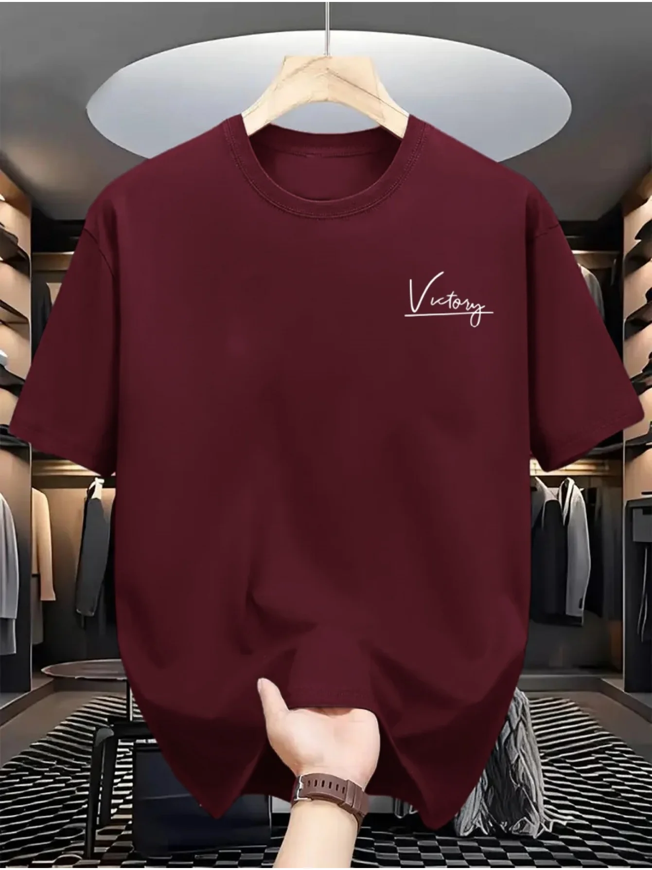 T-shirt da uomo estiva 100% puro cotone alla moda sportiva casual allentata Victory Letters stampata girocollo a maniche corte