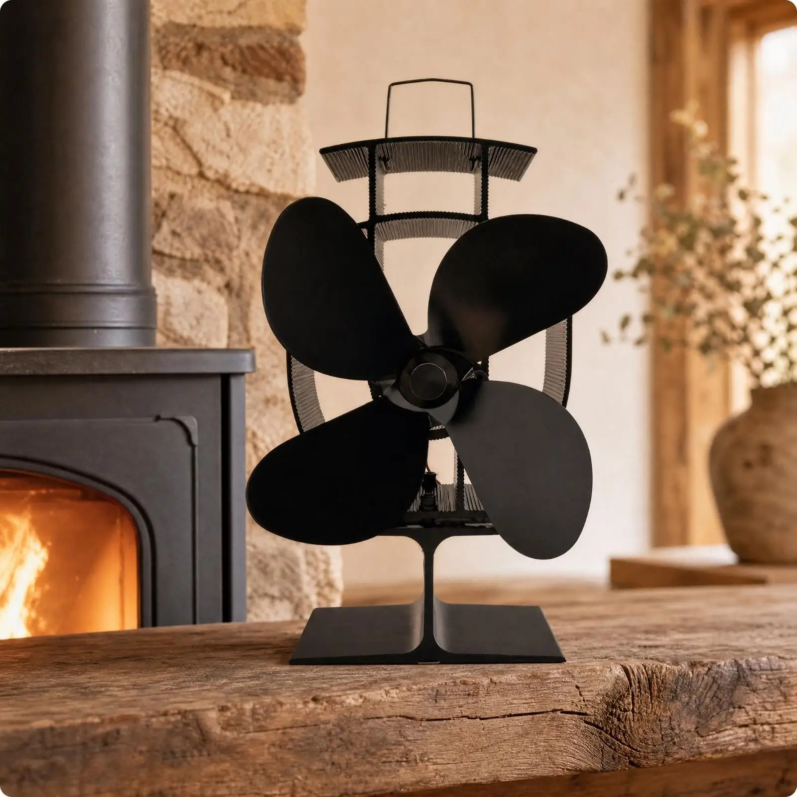 Black Heat Powered Fireplace Fan for Wood Stove Aluminum Alloy Body Quiet Cordless Eco Friendly Warm Air Circulator