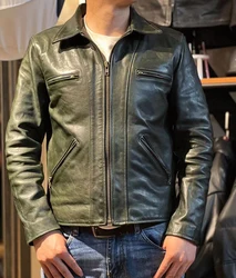 High Quality Original Horseskin Leather Jacket Coats Genuine Leather Horsehide Biker Men's Coat Vintage Green Color Topcoat