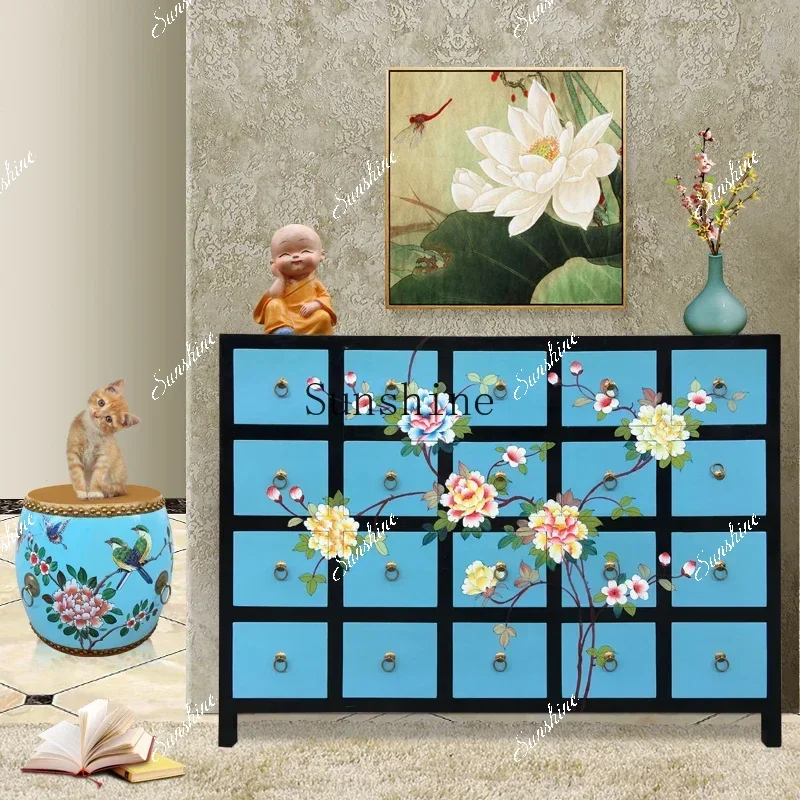 

American rural solid wood creative Mediterranean European furniture storage cabinet retro painted entranceYY