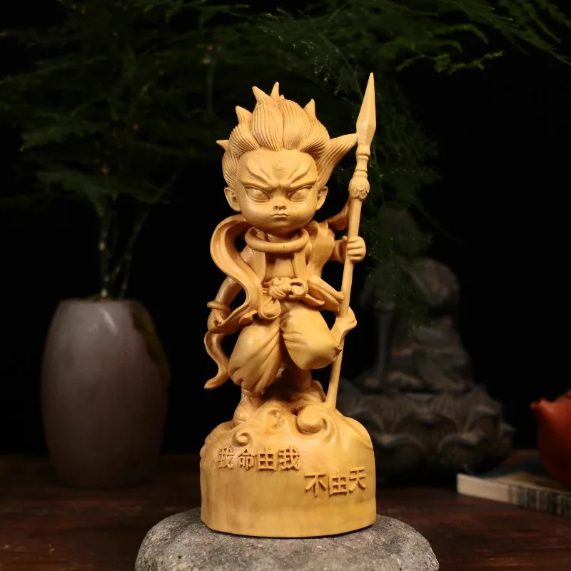 

Hand Carved Boxwood Wooden Q-Version Nezha Statue Figurine - Cartoon Character Ornament Home Office Desk Decor Gift Collectible