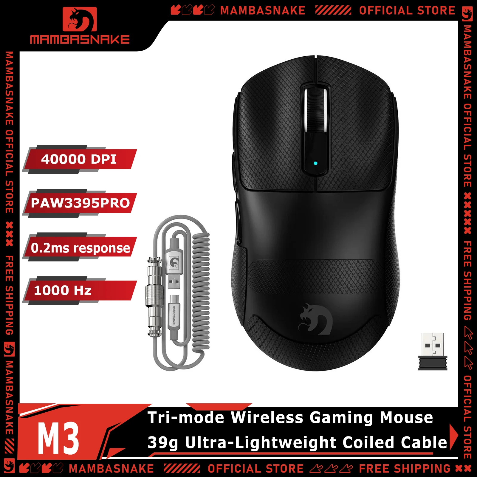 MAMBASNAKE M3 Tri-Mode Wireless Gaming Mouse With 8KHz Coiled Cable PAW3395PRO 39g Ultra-Lightweight 40000 DPI RGB Programmable