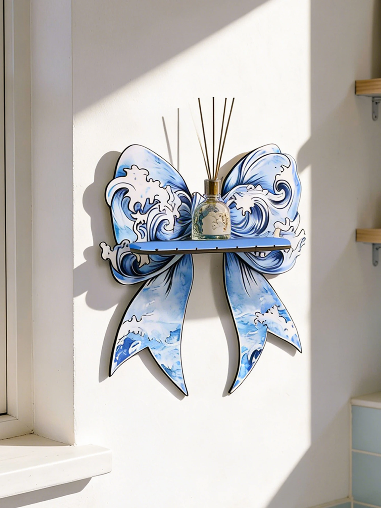 Bow Shaped Wall Shelf Ocean Wave Wooden Floating Shelf for Bathroom Bedroom Decor Display Storage Rack Nautical Home Wall Decor