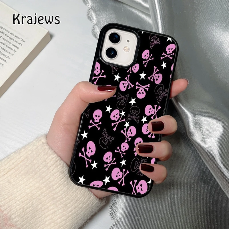 Krajews Pink Skull And Bones coque Phone Case for iPhone 16 15 14 12 13 mini PLUS X XS XR 11 PRO MAX Cover Funda