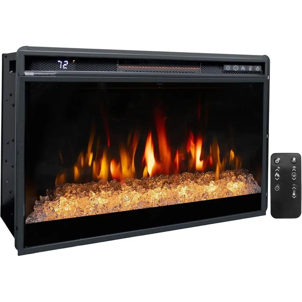 

26 Recessed Electric Fireplace with 1500W, Crystal Design, Remote Control, Overheat Protection and Timer, Black