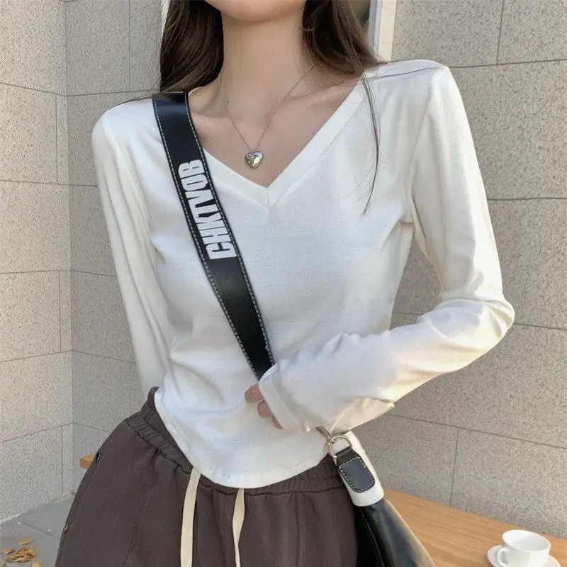 Careful Clavicle V-neck Long-sleeved T-shirt Bottoming Shirt for Women Autumn Winter Korean Style Slim-fitting Short T-shirt Top