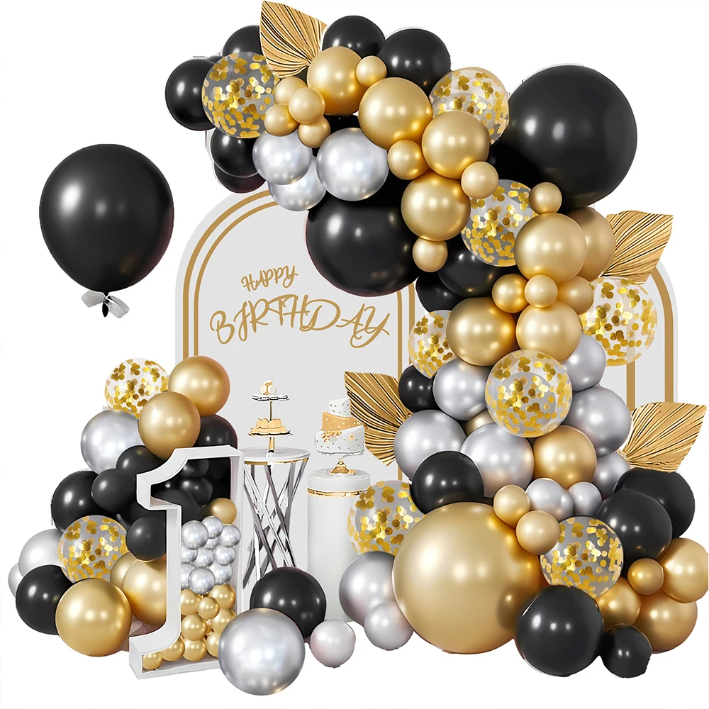98Pcs Wedding Birthday Party Latex Confetti Balloon Decoration Kit Anniversary Archway Chain Gold Silver Black Arch Garland Kit