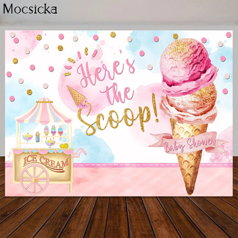 Toile de fond de douche de bébé crème glacée, voici la cuillère, fond de photographie de fête d'anniversaire, décor de table de gâteau, accessoires photo de studio de bannière